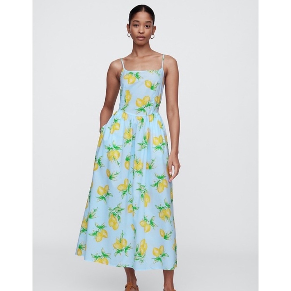 Gap Euro Summer Lemon Print Basque Waist Cotton Midi Dress Smocked Boho Medium